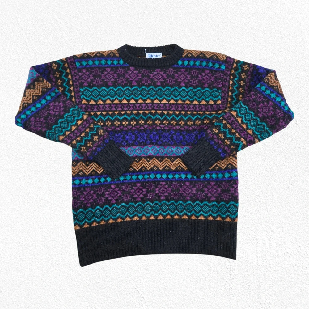 Vintage 90s Meister Fair Isle Geometric Wool Ski Pullover Sweater Size Small